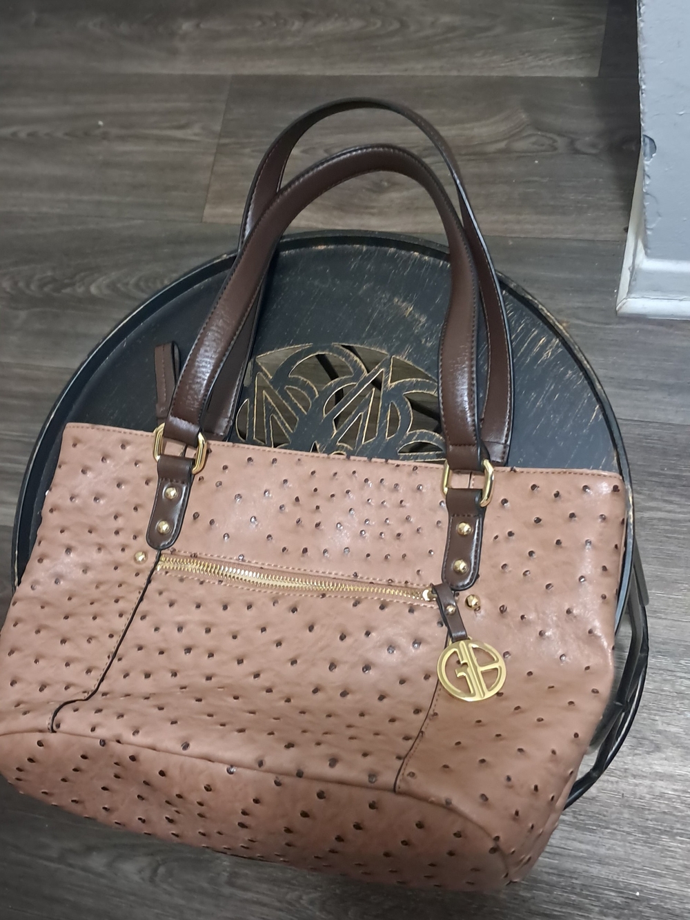 Gianni Bini Embossed Faux-Ostrich Satchel in Tan and Brown